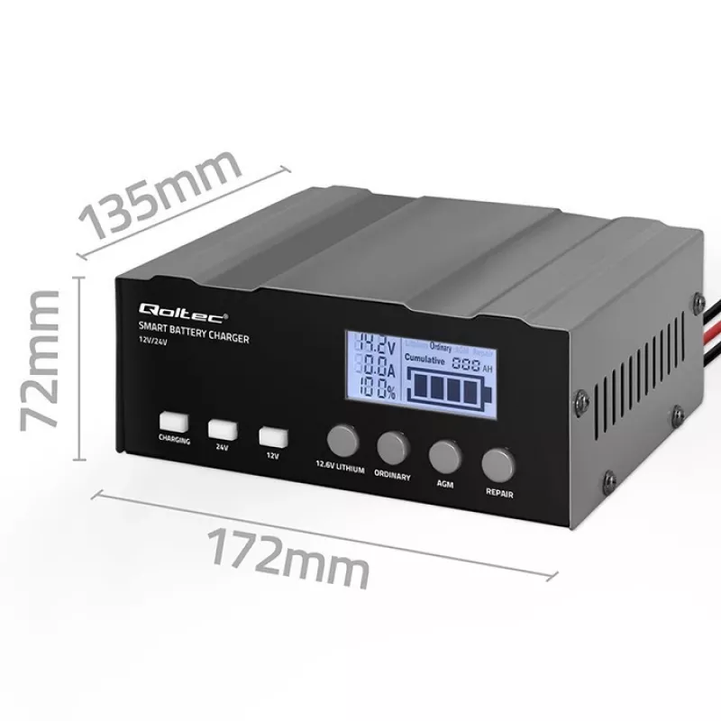 Cargador de baterías QOLTEC 52491 microprocesador 12V/12,6V/24V con LCD