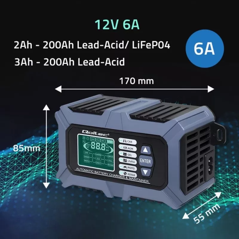Cargador de batería inteligente con microprocesador Qoltec con probador de batería y función de reparación 12V | 6A | LCD | cargador de batería para batería AGM LiFePO4 GEL