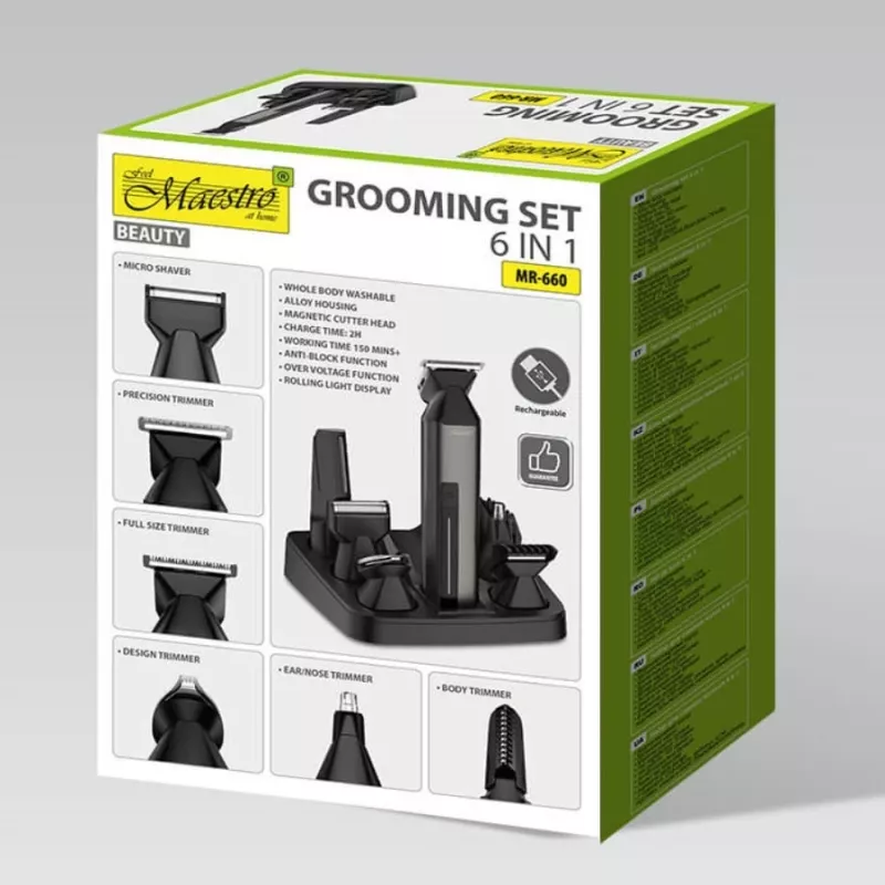 Set cortapelos Maestro MR-660 6 en 1 USB recargable con cuchillas ajustables