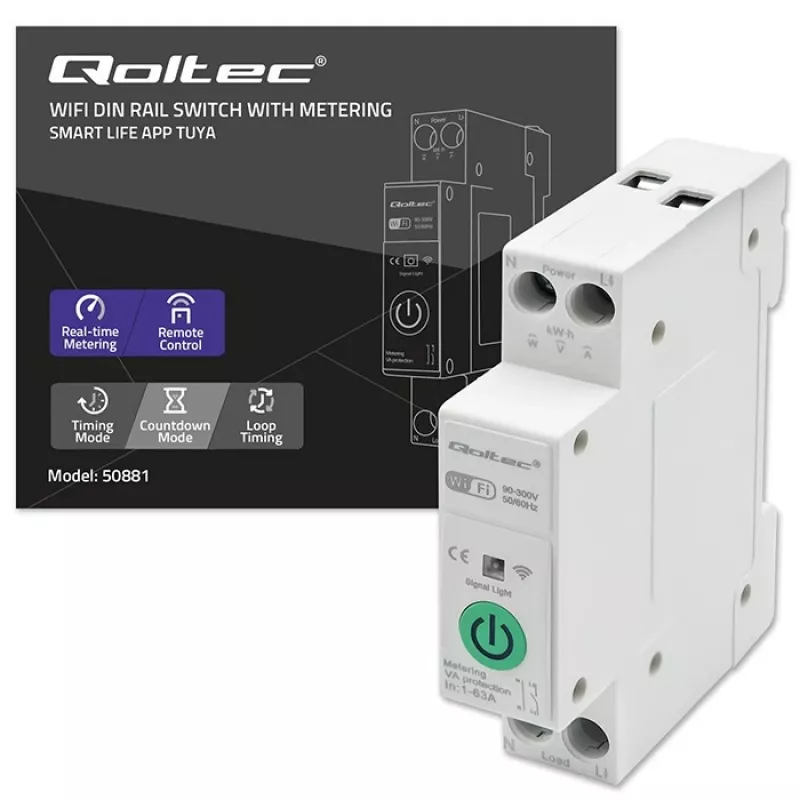 Relé WiFi para carril DIN QOLTEC 50881 — relé de conmutación de red 63A para instalaciones eléctricas