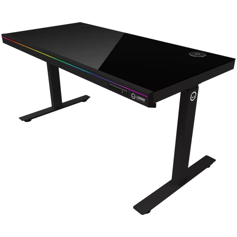 Escritorio gaming de altura ajustable con dos motores, función sentado/de pie, cargador inalámbrico, iluminación RGB, panel de control y puertos USB, tablero de vidrio templado, negro
