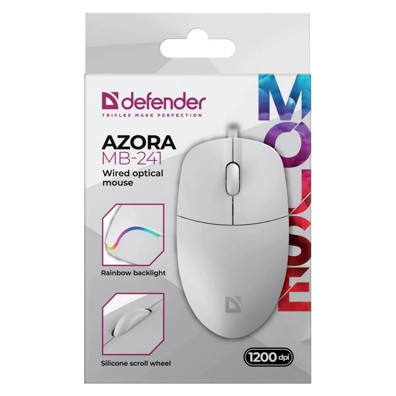 Ratón con cable DEFENDER AZORA MB-24 — ratón óptico USB ambidiestro, 1200 dpi, 3 modos de resolución, blanco, 109×86×34 mm