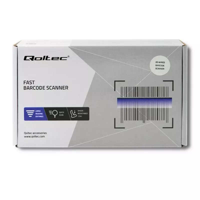 Lector de códigos de barras de mano QOLTEC 50863 — escáner 1D/2D, USB con cable, sensor LED, negro, 5V, cable de 1,8 m