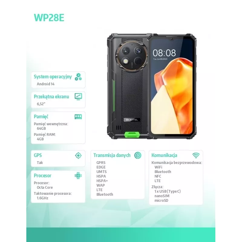 Oukitel WP28E 4/64 10600mAh DS Smartphone. Verde sin cargador