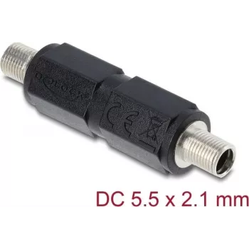 Adaptador DELOCK conector hueco DC 5,5 x 2,1 mm hembra a hembra con rosca, recto, negro