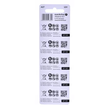 Set de pilas recargables everActive 27A5BL, alcalinas 12 V, cilíndricas, 5 unidades, 27,3 × 7,62 mm