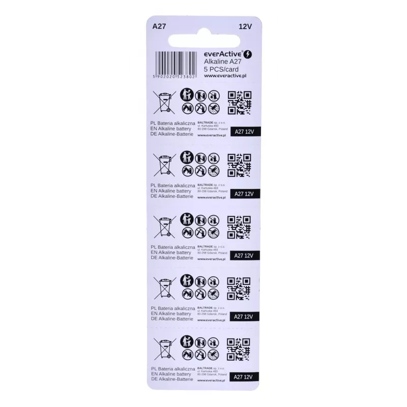 everActive 27A5BL pila alcalina 27A 12 V, blíster de 5 uds., 7,6 x 27,3 mm