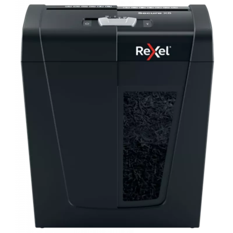 Destructora de papel REXEL Secure X8 — corte cruzado P-4, 4x40 mm, capacidad 8 hojas, depósito 14 l, negra