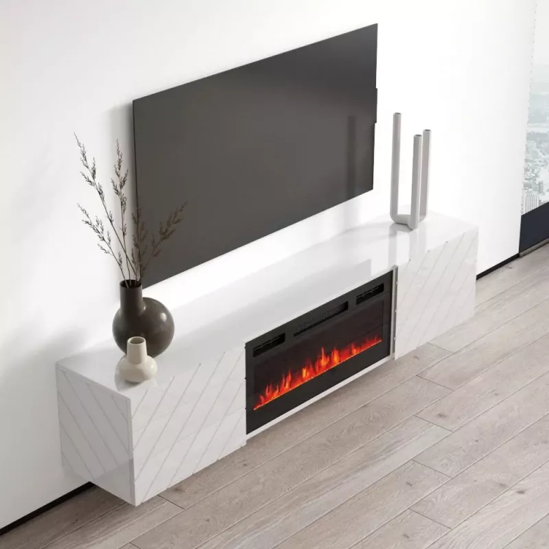 Mueble TV Cama Meble LUXE 1826×345×375 mm blanco brillante con chimenea eléctrica negra incorporada (1400–1600 W)