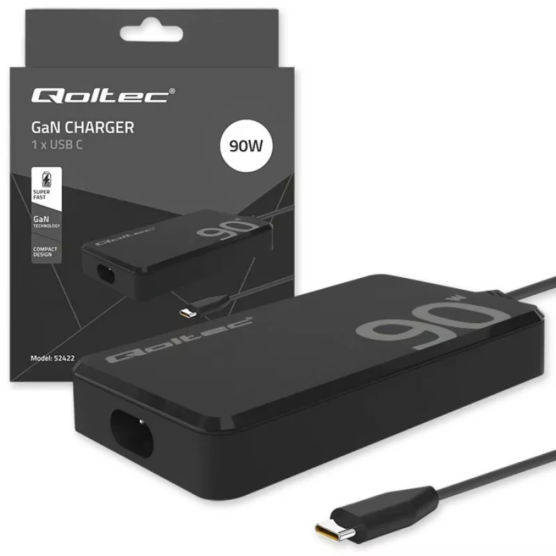 Cargador de pared Qoltec 90W GaN Super Fast SLIM | XP | 5-20V | 4,5A | USB-C 3.1 | portátil | MacBook | smartphone | + cable