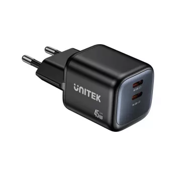 Cargador de pared Unitek 2x GaN 45W — 2× USB‑C PD 3.0 y carga rápida QC