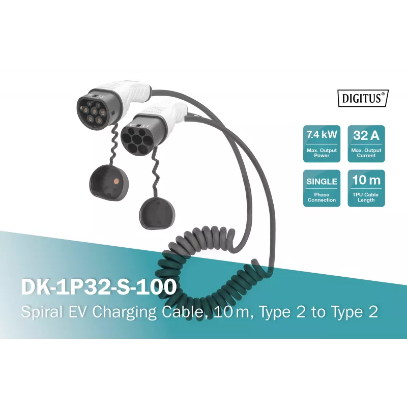 Cable de carga EV en espiral Digitus 10 m Type 2 a Type 2 32 A 240 V