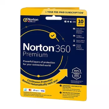 Norton 360 Premium | 10 dispositivos | 1 año | 75 GB de almacenamiento en la nube | EU | NON SUB |