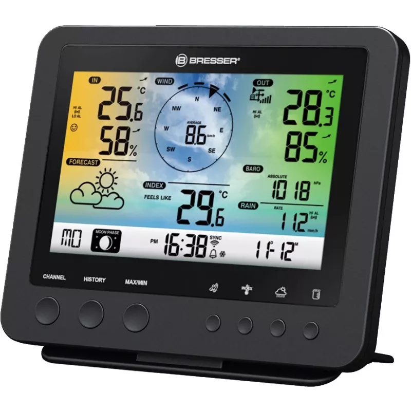 Bresser 7002580 Weather Center 5-in-1 estación meteorológica digital Wi-Fi con sensor profesional, pantalla de 5,7″, alimentación por red, negra