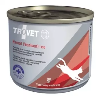 Comida húmeda para gatos TROVET Renal RID venado 200 g — dieta veterinaria renal, lata monodosis