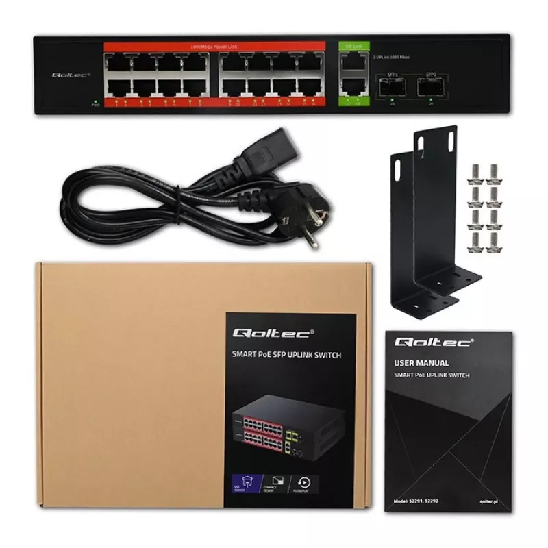 Switch de red QOLTEC 52292 — Gigabit Ethernet PoE, 16x RJ45, 2x RJ45 uplink, 2x SFP