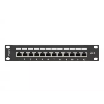 Patch panel LANBERG PPF6-9012-B — 12 puertos RJ45, metal, negro, 1U (215×44,5×130 mm)