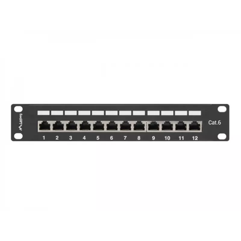 Patch panel LANBERG PPF6-9012-B — 12 puertos RJ45, metal, negro, 1U (215×44,5×130 mm)