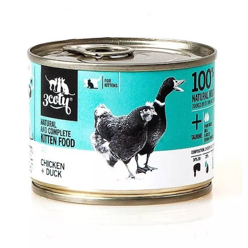 3Coty comida húmeda para gatitos con pollo y pato, 180 g