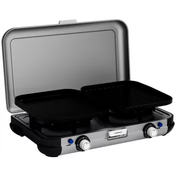 Cocina portátil de camping Campingaz 2213311 — 2 zonas, 5,4 kg, 490×350 mm, negro/gris/plata