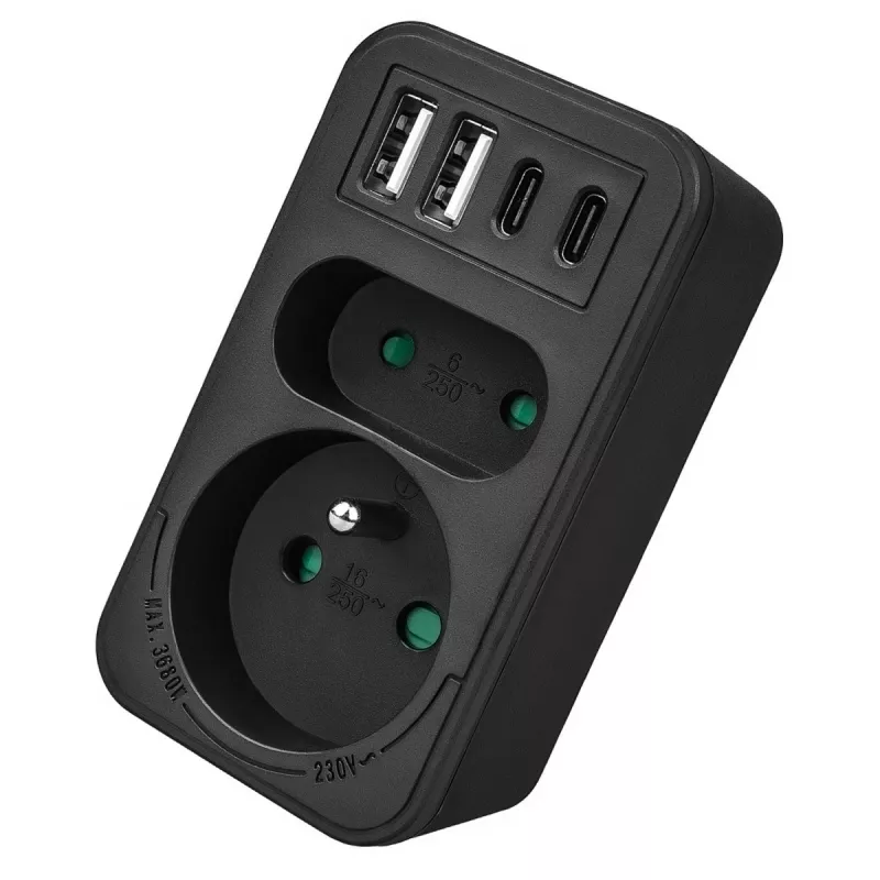 Regleta de enchufes MACLEAN MCE249 F/B – 2 tomas AC (16A + 6A) con 2×USB-A y 2×USB-C PD 20W, conector EU, negro