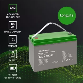 Batería AGM Qoltec 53038 | 12V | 100Ah | máx 1200A