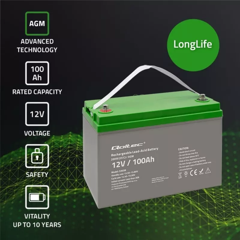 Batería AGM Qoltec 53038 | 12V | 100Ah | máx 1200A
