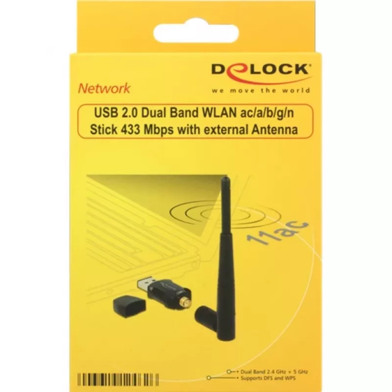 DeLock USB2.0 Dual Band WLAN ac/a/b/g/n Stick - Adaptador de red - USB2.0 - 802,11b, 802,11a, 802,11g, 802,11n, 802,11ac - Negro (12462)