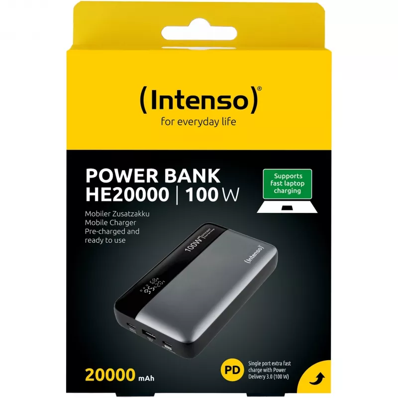 Batería externa INTENSO 7350050 — 20000 mAh, 1× USB-A + 2× USB-C, 100 W de potencia de salida total, negra/gris