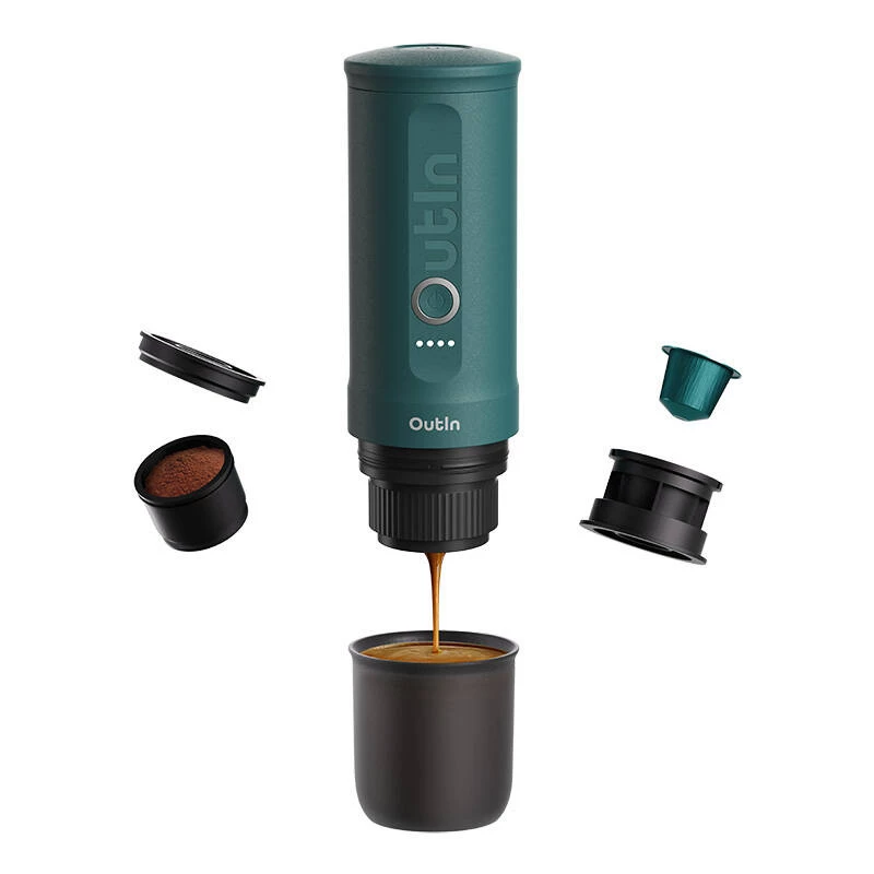 OUTIN Nano OTEM-01 máquina de espresso portátil, 20 bar, 7500 mAh, café molido/cápsulas, 0,67 kg, negro/turquesa