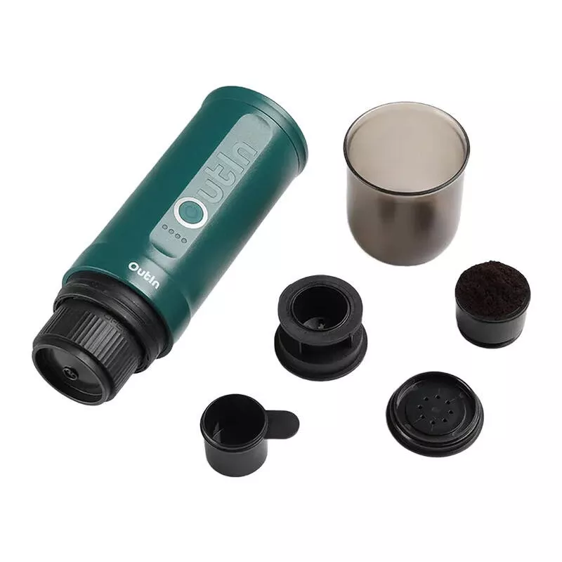 OUTIN Nano OTEM-01 máquina de espresso portátil, 20 bar, 7500 mAh, café molido/cápsulas, 0,67 kg, negro/turquesa