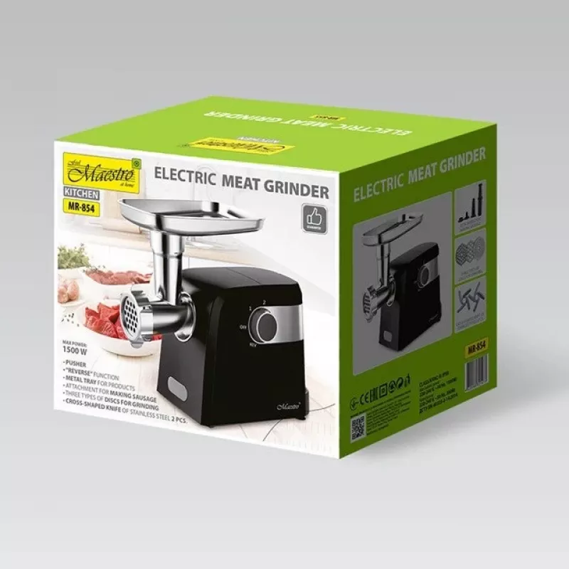 Picadora de carne eléctrica Maestro MR-854, 1500 W, 2 velocidades, 3 discos perforados, accesorio para embutidos, negra