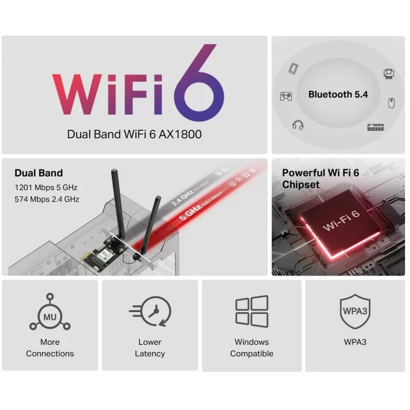 Mercusys MA70XE AX1800 Wi-Fi 6 Bluetooth adaptador PCI Express, doble banda