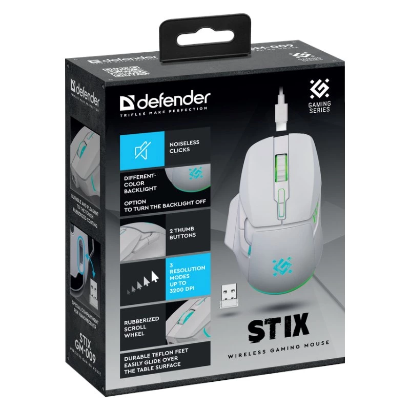 Ratón inalámbrico DEFENDER Stix GM-009 RF — óptico 3200 DPI, 6 botones, ambidiestro, USB RF, a pilas, blanco