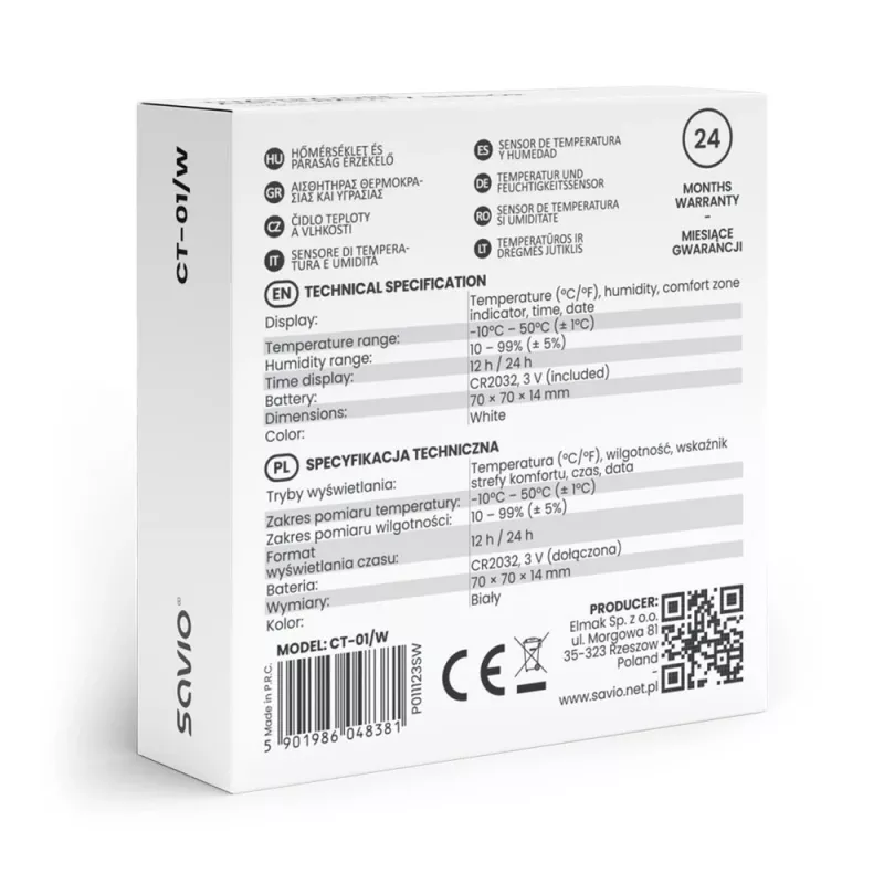 Sensor de temperatura y humedad interior SAVIO CT-01/W, pantalla LCD, -10–55 °C, 10–99 % HR, pila CR2032