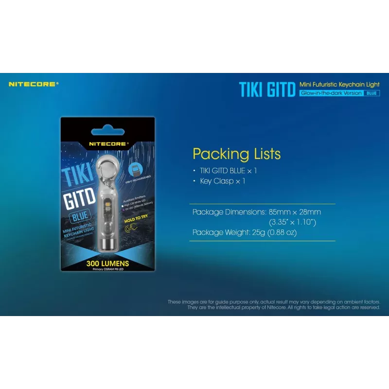 Nitecore TIKI GITD BLUE linterna, serie T, 300 lúmenes