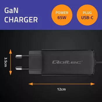 Cargador de portátil GaN QOLTEC 52419 65 W USB-C PD 5 V/20 V 3 A/3,25 A, 220–240 V, cable de 1,8 m, negro