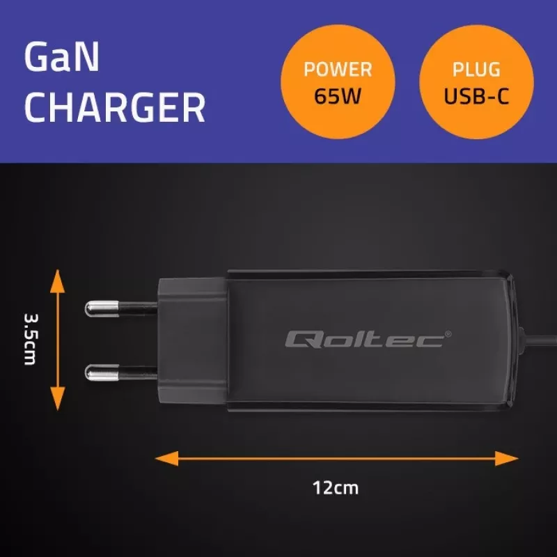 Cargador de portátil GaN QOLTEC 52419 65 W USB-C PD 5 V/20 V 3 A/3,25 A, 220–240 V, cable de 1,8 m, negro
