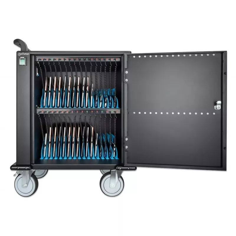 Manhattan Carro/Carrito de carga de 32 tomas por USB-C para iPad hasta 13 pulgadas, MacBook Air hasta 13 pulgadas y Chromebook hasta 14 pulgadas, también otros tablets/smartphones (con cable dispositivo a USB-C), compartimentos 330x22x235 mm, cable de carga de dispositivo no incluido (recomendado cable USB-C 35