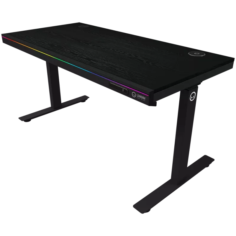 Mesa gaming de altura ajustable con doble motor, cargador inalámbrico, iluminación RGB, panel de control y puertos USB, tablero con superficie de melamina PB, negro