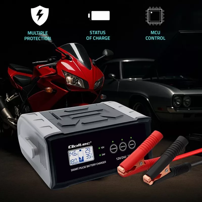 Cargador de baterías QOLTEC 52514 — 12V/24V, 25A, para baterías AGM/GEL/SLA con pantalla LCD