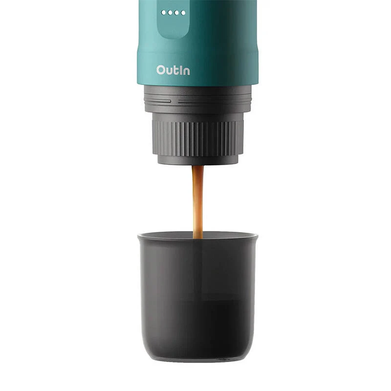 OUTIN Nano OTEM-01 máquina de espresso portátil, 20 bar, 7500 mAh, café molido/cápsulas, 0,67 kg, negro/turquesa