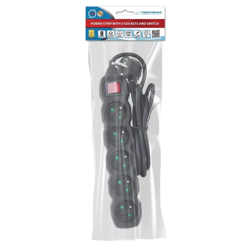 Alargador Esperanza ELK214K cable de 1.5 m 5 tomas Type E para interiores negro