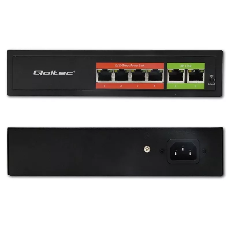 Switch Ethernet PoE QOLTEC 52289 — 4x puertos RJ45 PoE, 2x RJ45 uplink, presupuesto PoE 65W