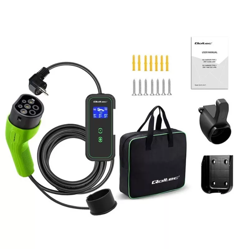 Cargador de coche EV móvil Qoltec ajustable 2en1 Type2 | 3.5kW | 230V | Wi-Fi | LCD | portátil | wallbox | 5m