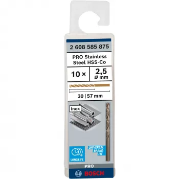 Bosch 2 608 585 875 PRO Stainless Steel HSS-Co brocas helicoidales, Ø 2,5 mm, longitud de trabajo 30 mm, vástago cilíndrico, 10 uds.