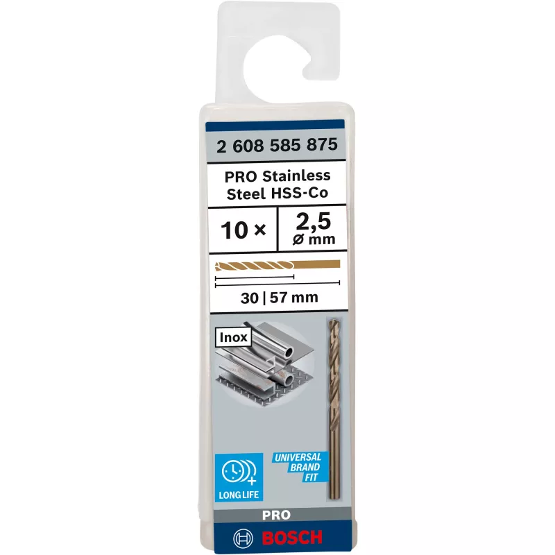 Bosch 2 608 585 875 PRO Stainless Steel HSS-Co brocas helicoidales, Ø 2,5 mm, longitud de trabajo 30 mm, vástago cilíndrico, 10 uds.
