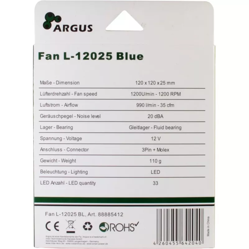 Ventilador de carcasa INTER-TECH Argus L-12025 120mm LED azul