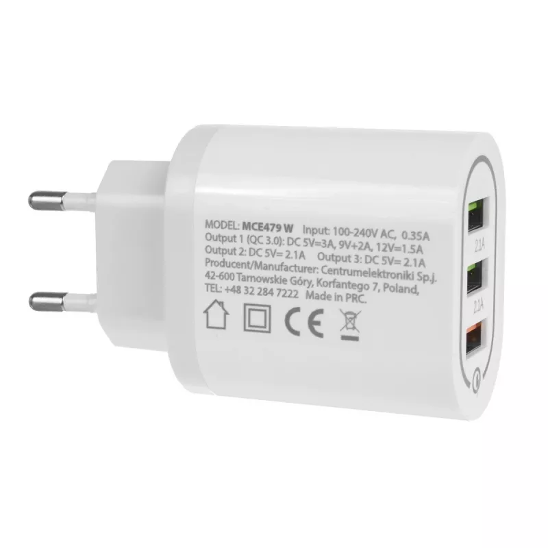 Cargador de pared MACLEAN MCE479W — cargador rápido USB de 3 puertos, 18W de potencia total