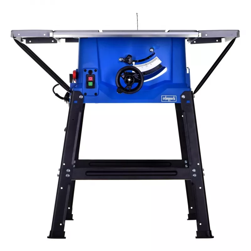 Sierra de mesa Scheppach HS100S Special Edition — 2000 W, hoja de sierra de 250 mm, profundidad de corte 85 mm, inglete 0–45°, soporte plegable
